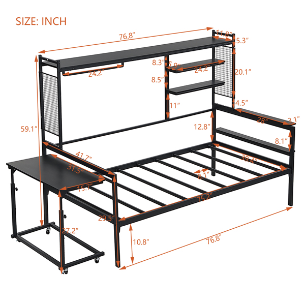 Twin size Metal Daybed with Movable Desk, Metal Grid, Shelves and Clothes Hanger, Black