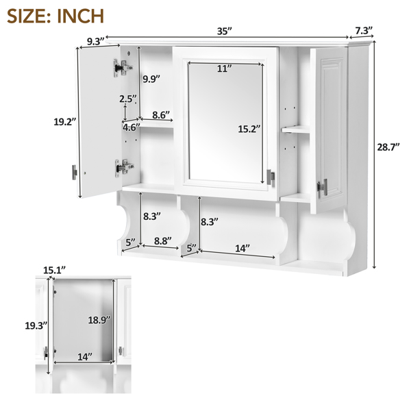 35'' x 28'' Wall Mounted Bathroom Medicine Cabinet, Modern Bathroom Wall Cabinet with Mirror,  Mirror Cabinet with Open Shelves