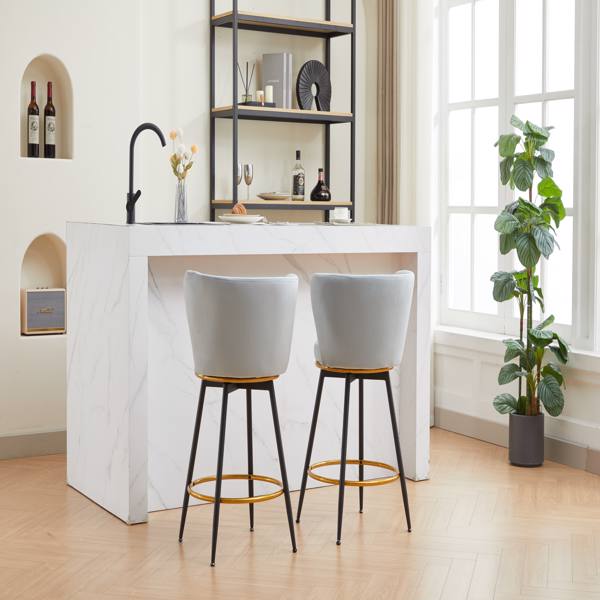 Counter Height Bar Stools Set of 2, 360° Swivel Upholstered Barstools with Backs and Metal Legs, 26" H Seat Height, Velvet Fabric,Goldy Footrest