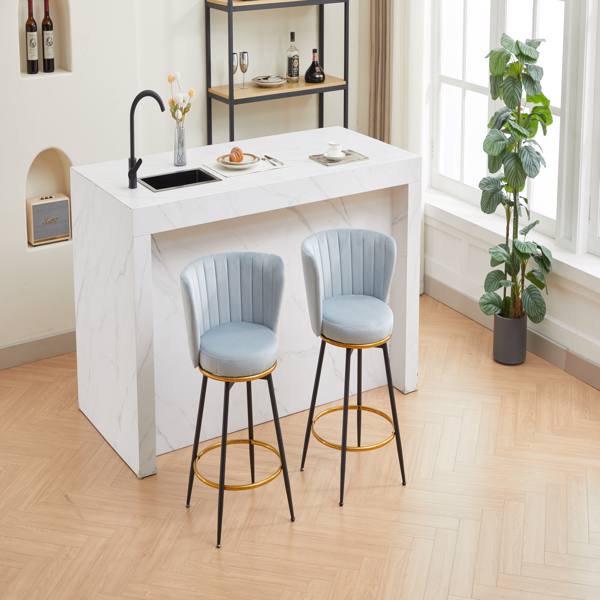 Counter Height Bar Stools Set of 2, 360° Swivel Upholstered Barstools with Backs and Metal Legs, 26" H Seat Height, Velvet Fabric,Goldy Footrest