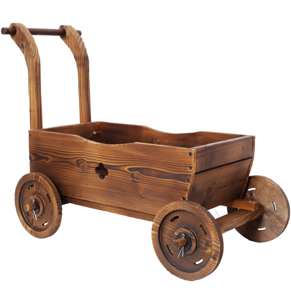 Wooden Wagon Planter Box, Mobile Garden Planter with 4 Wheels, Handle, Drain Hole, Decorative Flower Planter for Indoor & Outdoor Decor, Wooden Flower Cart for Patio, Garden, Balcony, Brown