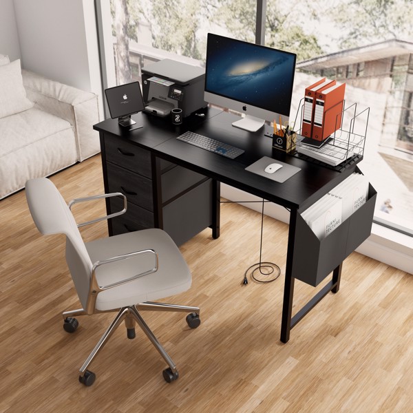 47.3"office desk with power outlet,3 drawers,Large Side Pocket, Desk Easy to Assemble,Frame stability Reversible,  for home desk, computer desk, game table,Writing desk,Vanity table, black