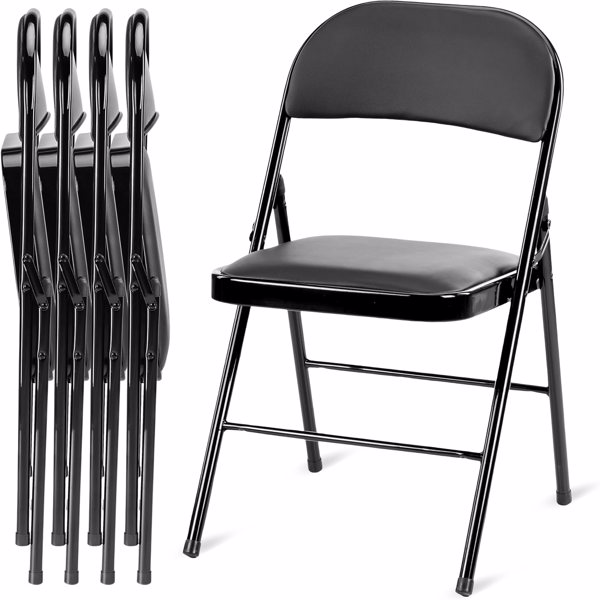 4 Pack Folding Chairs with Leather Padded Cushion Seats & Durable Metal Frame, Comfortable, Foldable, Portable, Commercial Event Seat, Indoor Outdoor for Parties, Home, Office, Black