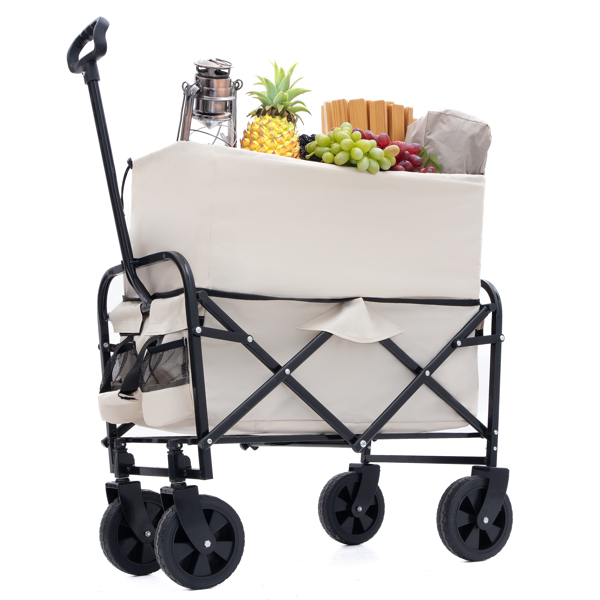 Extention Collapsible Foldable Wagon Cart Beach Wagon Heavy Duty Utility Cart Utility Wagon Grocery Cart for for Camping Shopping Sports Gardeing Fishing Supports 225lbs  cream