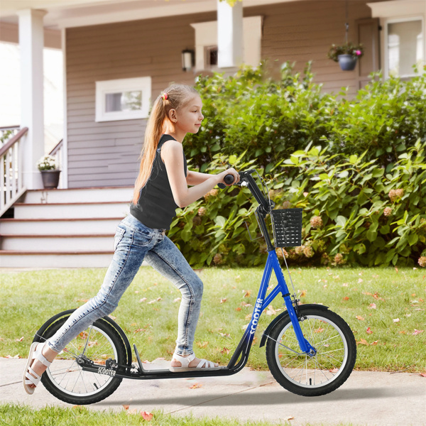 Youth Scooter with Adjustable Handlebars and plastic basket  16" Inflatable Rubber Tires  -Blue