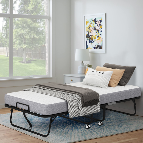 Folding Bed with Mattress 75" x 38" Rollaway Guest Bed Portable Foldable Bed for Adults with 5" Memory Foam Mattress Space-Saving Sturdy Metal Frame Grid Style