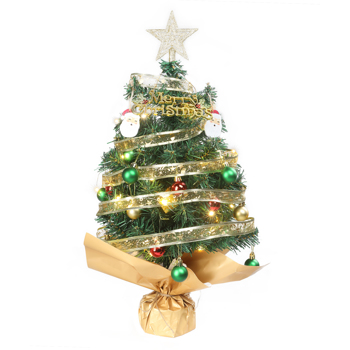 24 in Pre-lit Artificial Mini Christmas Tree, Tabletop Small Xmas Pine Tree with Ornaments and 30 Warm Lights Battery Operated and Paper Wrapped Base for Home Office Store Holiday Deco, Green