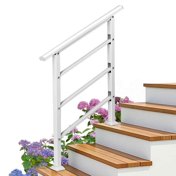 Handrails for Outdoor Steps, Wrought Iron Handrail Fits 1 or 3 Steps, Transitional Handrail with Installation Kit, White