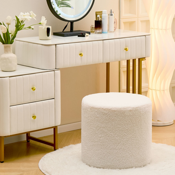 Round Teddy Fleece Ottoman with Soft Padded Seat, Multi-Functional Footrest, Vanity Chairs for Makeup, Upholstered Foot Stool Extra Seating for Living Room, Bedroom(White, 15 * 15 * 17.7inch)