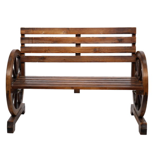 【Replace 28138436】Rustic 2-Person Wooden Wagon Wheel Bench with Slatted Seat and Backrest, Brown