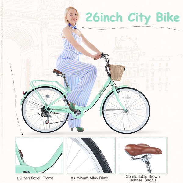 7 Speed City  Bike With  Basket , Steel Frame,Multiple Colors 26 Inch Girls Bicycle