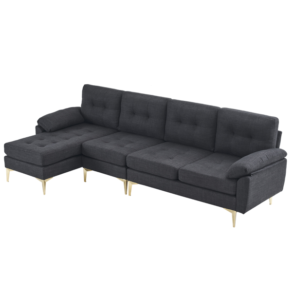 L-Shaped Sectional Sofa Couch for Living Room, Modern 4-Seater Tufted Linen Lounge Sleeper with Chaise, Black