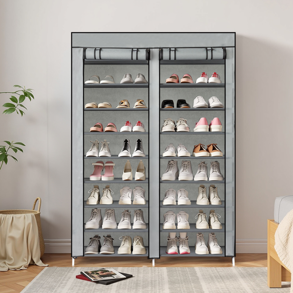 FCH Double Row 10-Tier Non-Woven Fabric Shoe Cabinet with Iron Pipes and Plastic Components, Gray