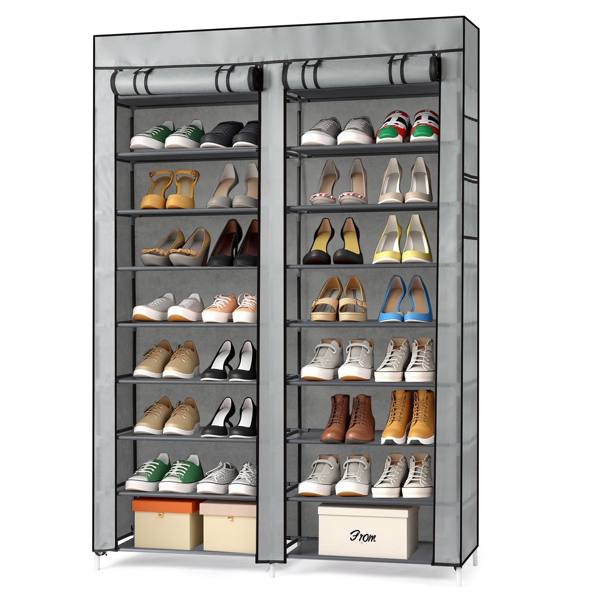 FCH Double Row 10-Tier Non-Woven Fabric Shoe Cabinet with Iron Pipes and Plastic Components, Gray