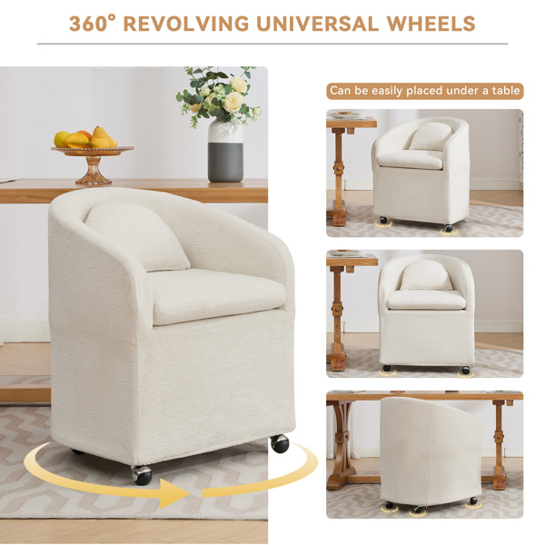 059-Set of 1 Chenille Fabric Dining Armchair With Back Cushion and Universal Wheels,Beige