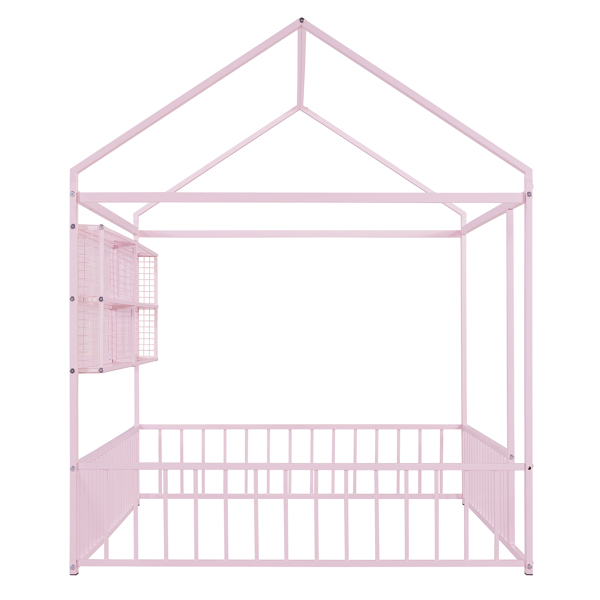 Full Size Metal Bed House Bed Frame with Fence and Shelves, Pink