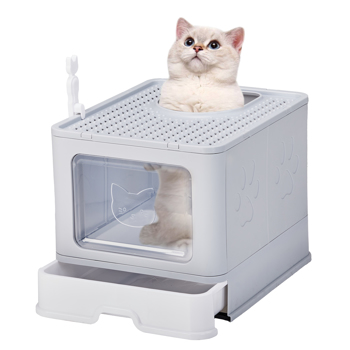 Large Enclosed Cat Litter Box with Lid Cover, Detachable Cat Toilet with Litter Scoop & Slide Out Tray, Front Entry Top Exit Door, Easy to Clean, Gray