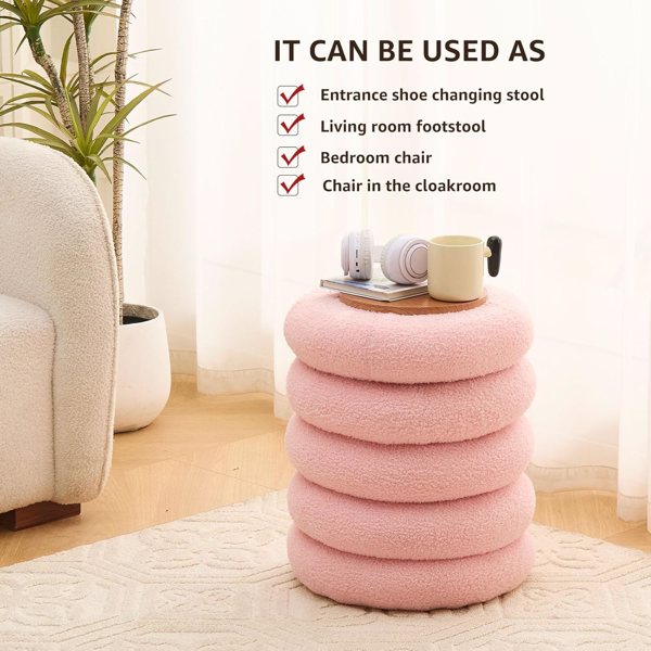 Round Storage Ottoman, Modern Sherpa Footstool, Teddy Vanity Stool with Flip-Top Tray, Makeup Chair for Home Decor, Upholstered Footrest for Living Room & Bedroom (Pink)