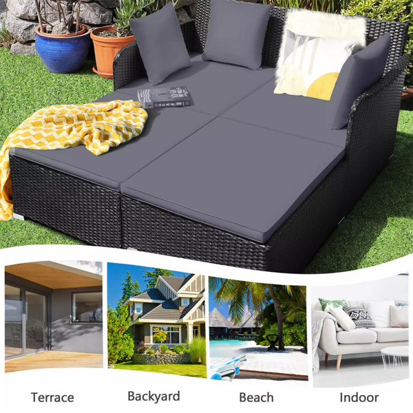 Gray Outdoor Rattan Daybed with Upholstered Cushions