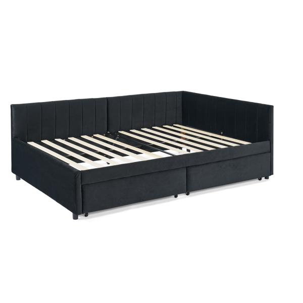 Full Size Upholstered Tufted Bed Frame with Two Drawers, Sofa Bed Frame with Comfortable Backrest and Armrests, Velvet, Black(79.5''x58''x25'')