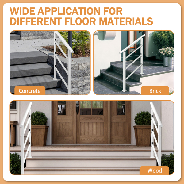 Handrails for Outdoor Steps, Wrought Iron Handrail Fits 1 or 3 Steps, Transitional Handrail with Installation Kit, White