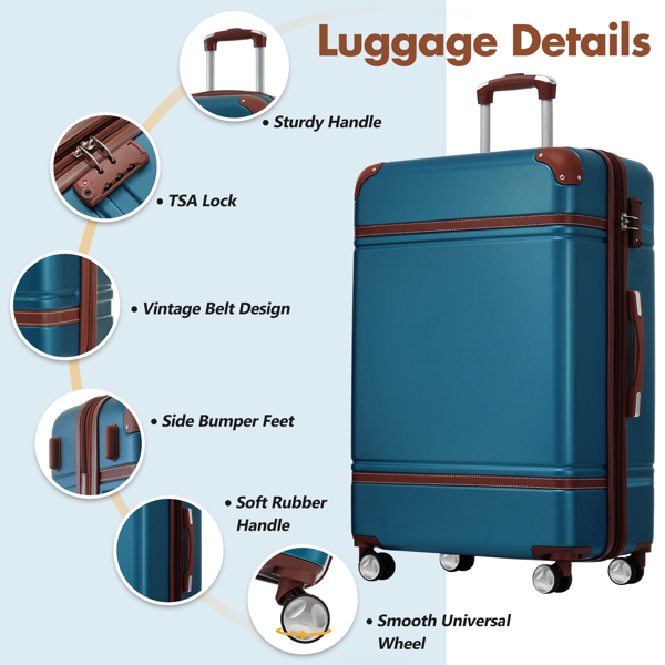 Hardshell Luggage Sets with Bags Lightweight Suitcase Double Spinner Wheels with TSA Lock ,Single Vintage Luggage 28 IN,Blue