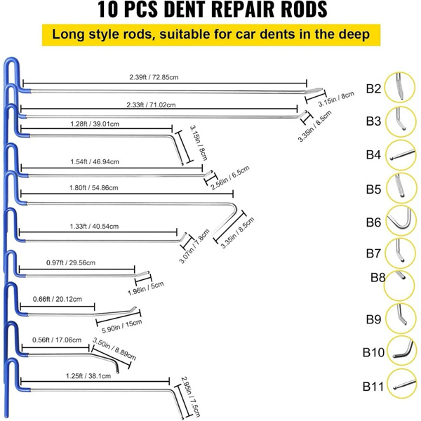 Rods Dent Removal Kit, 20 Pcs Paintless Dent Repair Rods, Stainless Steel Dent Rods, Whale Tail Dent Repair Tools, Professional Hail Dent Removal Tool For Minor Dents, Door Dings And Hail Damage