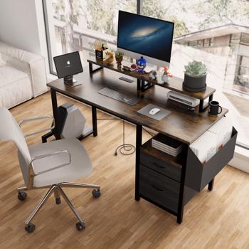 47.27\\"office desk with power outlet, 2 Monitor Stands and USB Ports,Gaming Desk with Storage Shelves,2 Fabric Drawers, Large Side Pocket,and hooks for Home Office Study, Rustic Brown