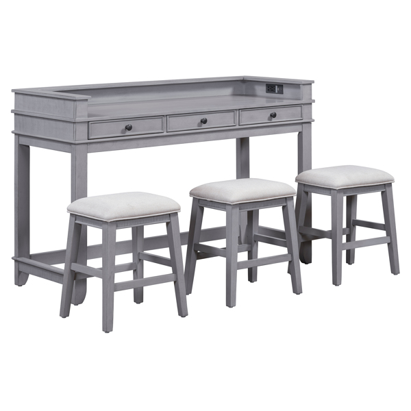 4-piece Dining Bar Table Set with 3 Upholstered Stools, Multifunctional Dining Table with 3 Drawers (Gray)