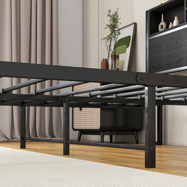 Full Size Bed Frame with Storage Headboard, Metal Platform Bed with Charging Station,  Bookcase Storage, No Box Spring Needed, Easy Assembly, Noise-Free, Black