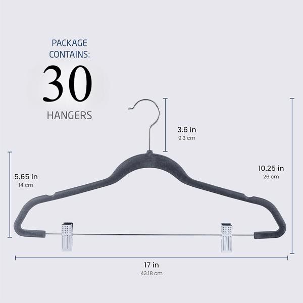 Velvet Skirt Hangers 30-Pack, Grey Velvet Hangers with Adjustable Clips, Space Saving Slim Velvet Pant Hangers, Heavy Duty Shorts Hangers, Non Slip Clip Hangers for Pants, Skirts, Shorts