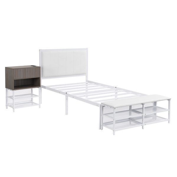 Twin size Metal Platform Bed with Two-Tier Storage Shelves, Wooden Storage Cabinet, White