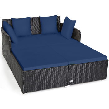 Navy Outdoor Rattan Daybed with Upholstered Cushions