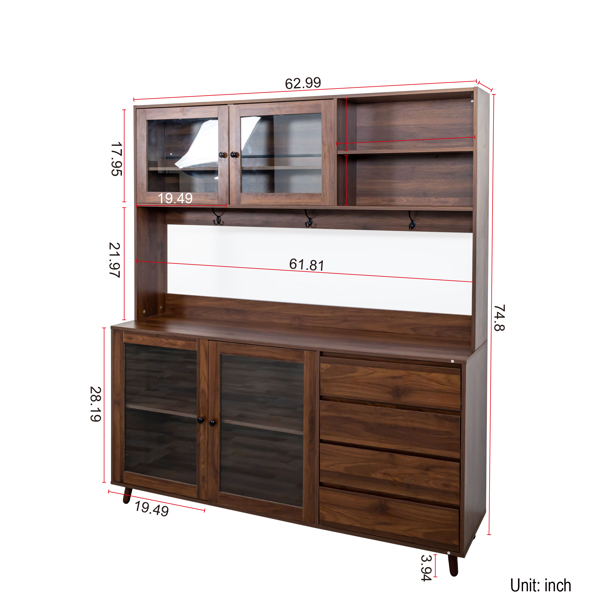 63" W Large Kitchen Hutch Cabinet, Freestanding Pantry Cabinets Storage Kitchen Cupboard with 4 Doors, 4 Drawers & Microwave Shelf, Walnut