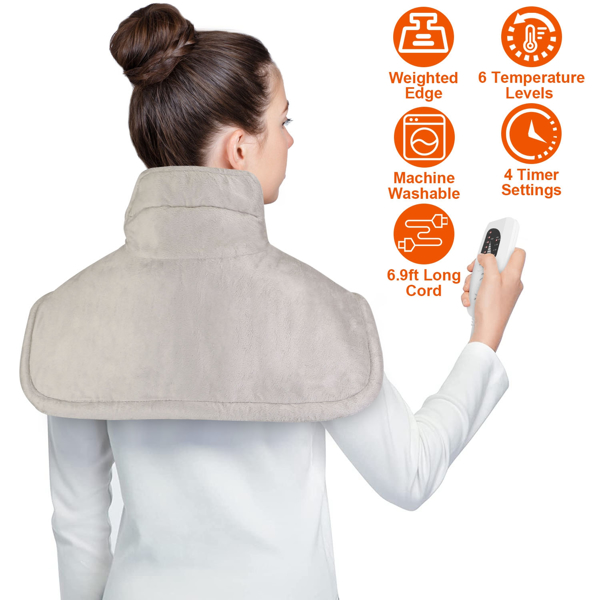 22.4x16.3in Large Weighted Heating Pad for Neck and Shoulders Electric Fast Heating Mat Neck Wrap Cushion Pain Relief with 6 Temperature Settings 4 Timer Modes Machine Washable