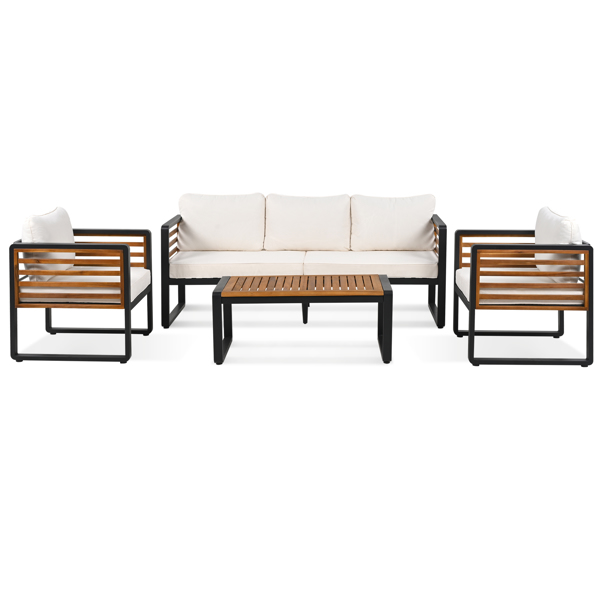 Large Size 4-pieces Outdoor Furniture sofa for 5 Person Conversation Set, Garden Sofa Set With Removable Cushion, Metal And Wood Frame Sofa set, Thick Cushions, Acacia Wood Tabletop, Beige