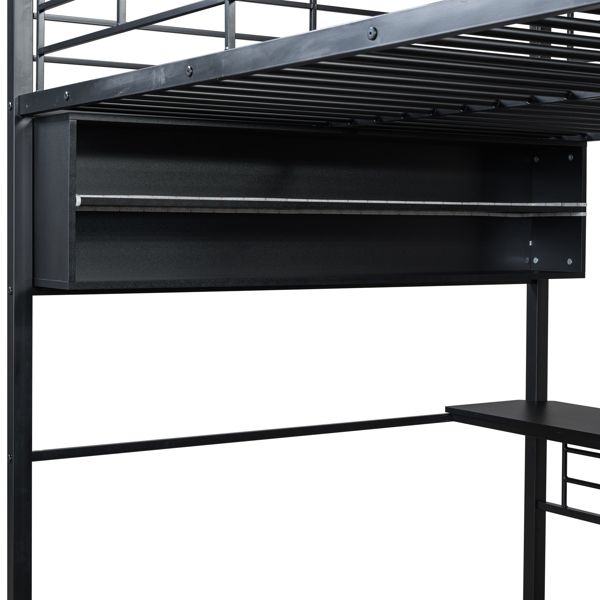 Full Size Metal Loft Bed with LED, Desk and 4 Storage Shelves, Black