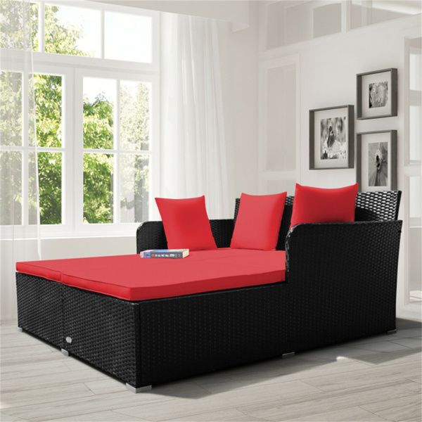 Red Outdoor Rattan Daybed with Upholstered Cushions