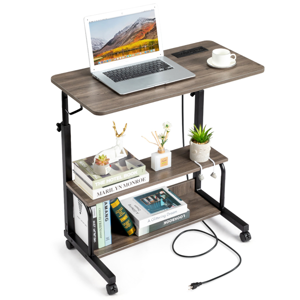 FCH Grey Oak P2 15MM Particle Board with Melamine Coating Adjustable Computer Desk with 3 USB + 2 AC Outlets