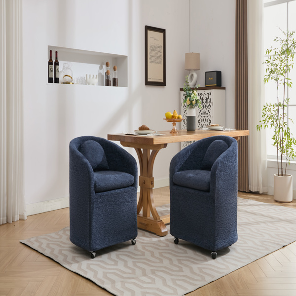 059-Set of 1 Chenille Fabric Dining Armchair With Back Cushion and Universal Wheels,Blue