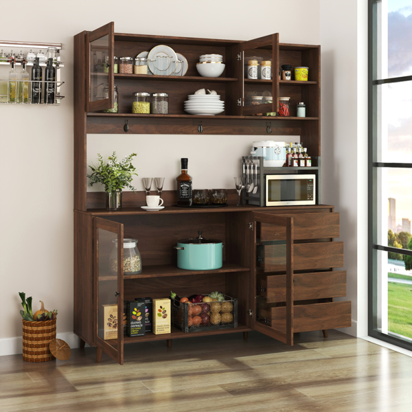 63" W Large Kitchen Hutch Cabinet, Freestanding Pantry Cabinets Storage Kitchen Cupboard with 4 Doors, 4 Drawers & Microwave Shelf, Walnut