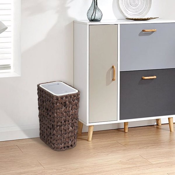 Bathroom Small Trash Can with Lid,2.6 Gallon Small Garbage Can with Rattan Basket, Slim Wicker Wastebasket Trash Can Press Top Lid for Bathroom,Kitchen,Office,Living Room,Bedroom-Brown