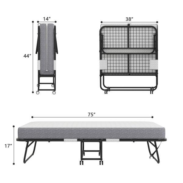 Folding Bed with Mattress 75" x 38" Rollaway Guest Bed Portable Foldable Bed for Adults with 5" Memory Foam Mattress Space-Saving Sturdy Metal Frame Grid Style