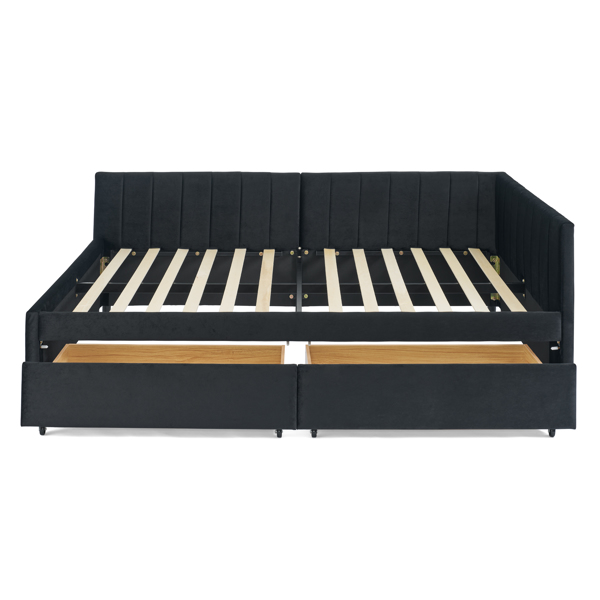 Full Size Upholstered Tufted Bed Frame with Two Drawers, Sofa Bed Frame with Comfortable Backrest and Armrests, Velvet, Black(79.5''x58''x25'')