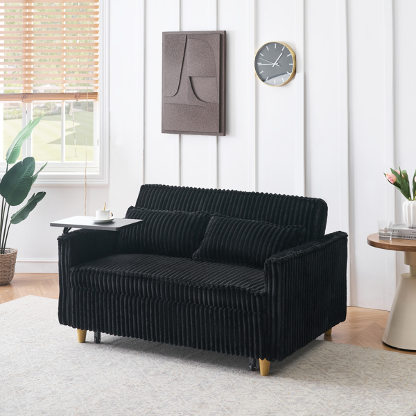 The pull-out and push-in black corduroy sofa with dual functions, equipped with a movable tabletop and USB ports, is suitable for use in living rooms and bedrooms.