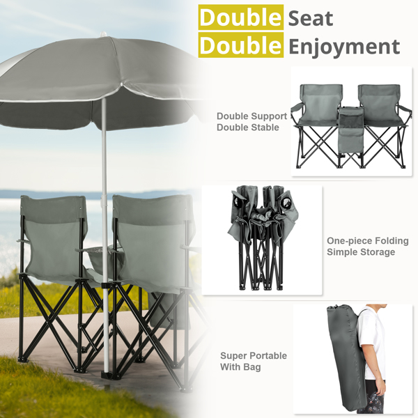 Portable Outdoor 2-Seat Folding Chair with Removable Sun Umbrella Grey