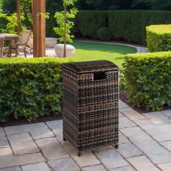 Wicker Patio Trash Bin, 33 Gallon Rattan Trash Can with Lid for Porch Backyard Deck Patio Poolside, Brown