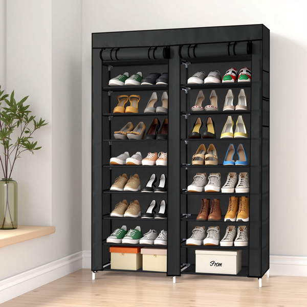 FCH Double Row 10-Tier Non-Woven Fabric Shoe Cabinet with Iron Pipes and Plastic Components, Black