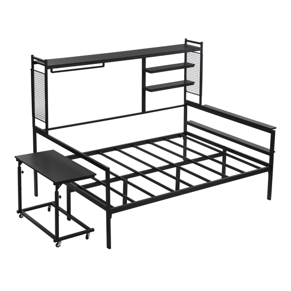 Full size Metal Daybed with Movable Desk, Metal Grid, Shelves and Clothes Hanger, Black