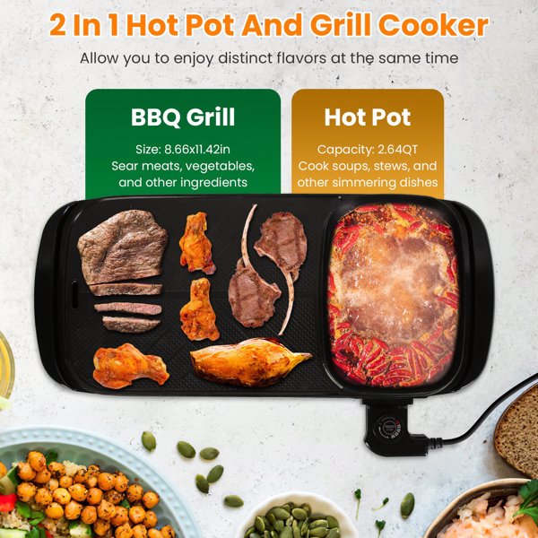 2 in 1 Hot Pot with Grill, Electric Hot Pot 2 in 1 Hot Pot BBQ Grill, Removable Hotpot Pot 1300W /Large Capacity Power Separate Temperature Control, Electric Grill for 2-6 People